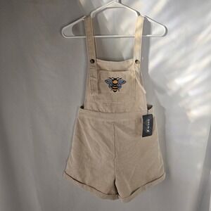SHEIN X Beige Corduroy Shortalls Bee Embroidered Rolled Hem Women's XS